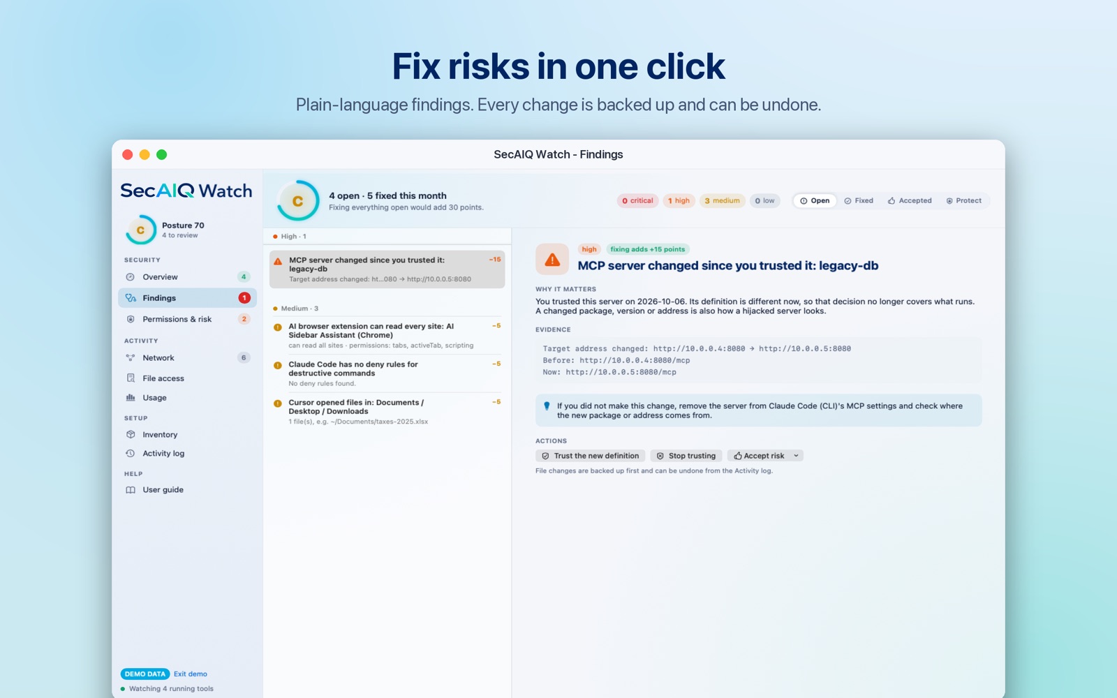 Security findings with evidence